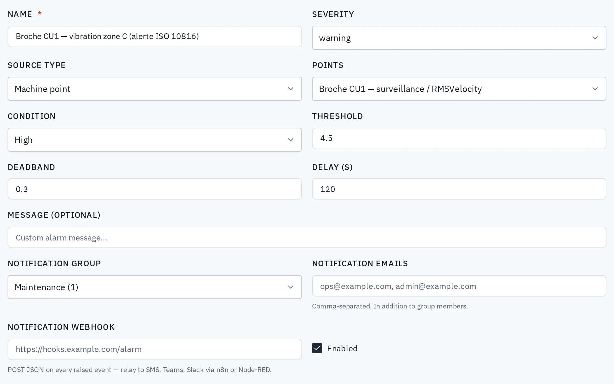 Spindle vibration alarm settings in Meshvise: severity, threshold, deadband, delay, notification group and webhook.