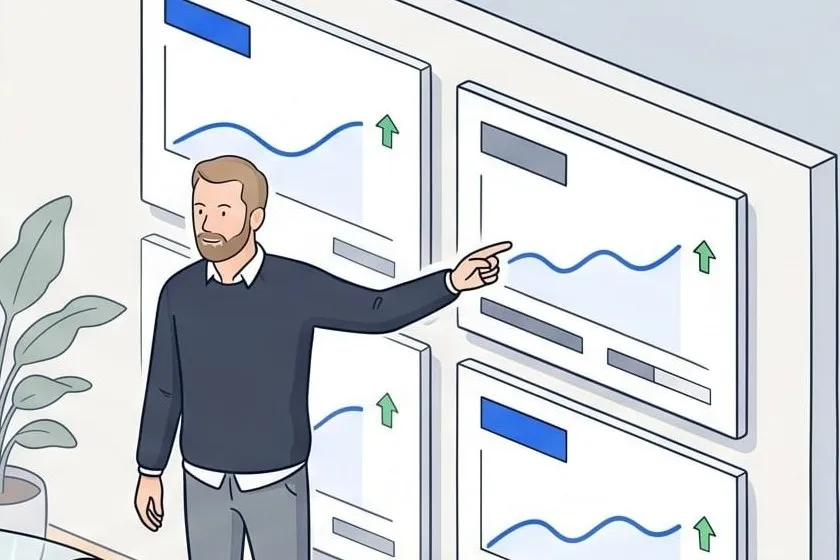 A manager talks through dashboards displayed on the wall.