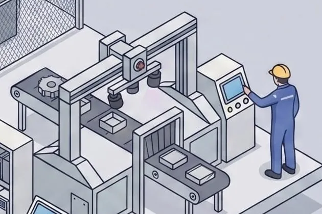 An operator at the panel of a gantry placing parts onto a conveyor.