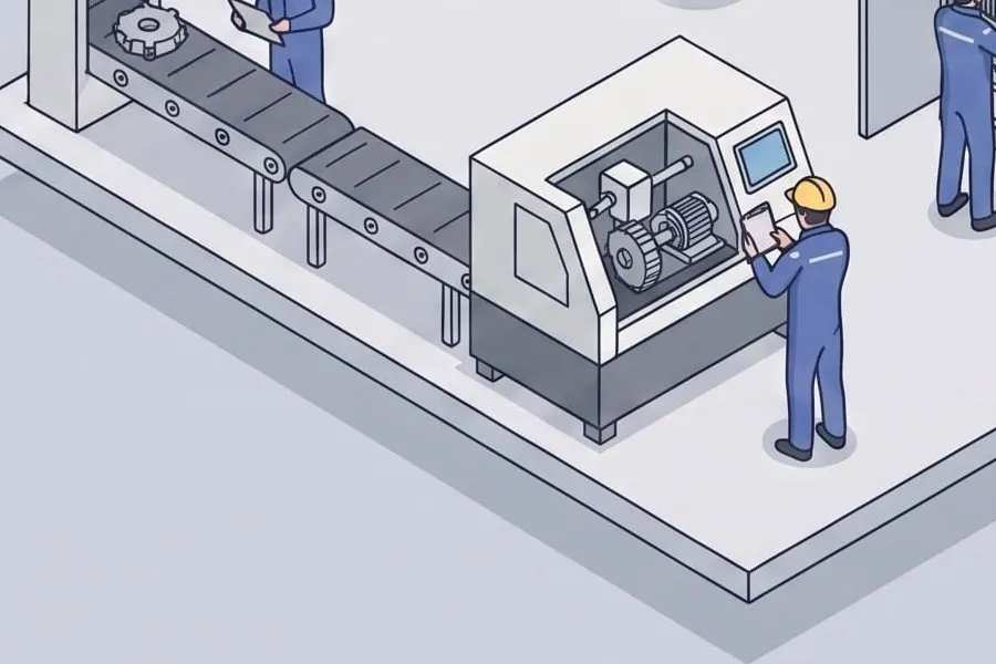 An operator checks a tablet in front of a CNC lathe.